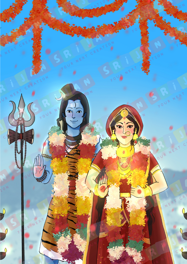 Shiv Parvati Divine Wedding Digital Art Print | Exclusive Srijan x Nidtoon Collaboration | High-Res 4:5 Ratio Printable PDF Wall Art
